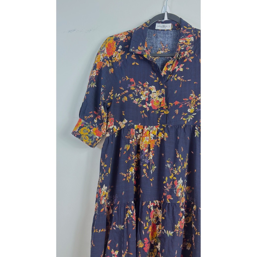 Natural Life Maxi Dress Navy Floral Tiered Button Front Womens Size Small Boho - Picture 3 of 11